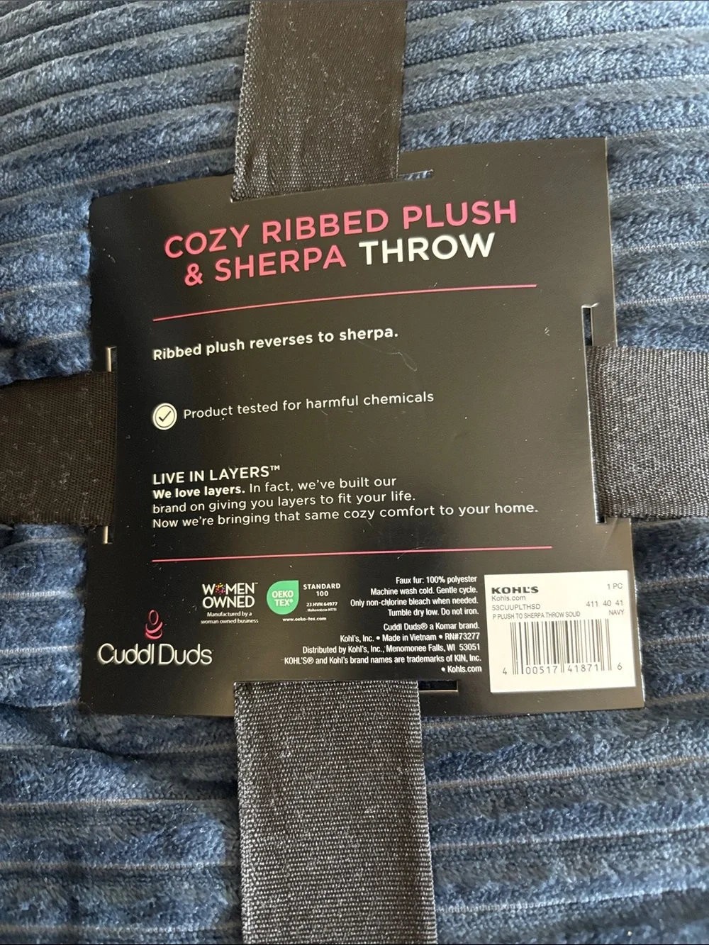 Cuddl Duds Navy Plush Ribbed Throw with White Sherpa
